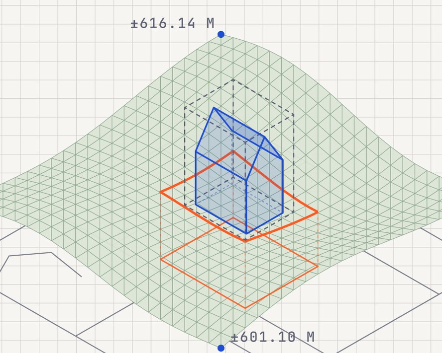 Drawing of a parcel on terrain with its maximum buildable volume