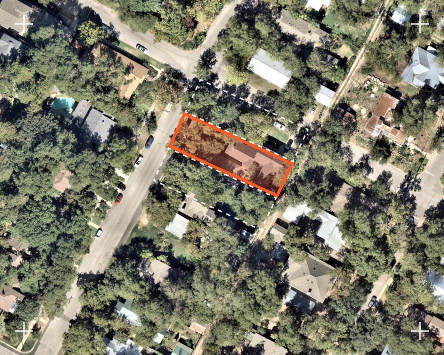 Aerial view of an Austin lot outlined in orange