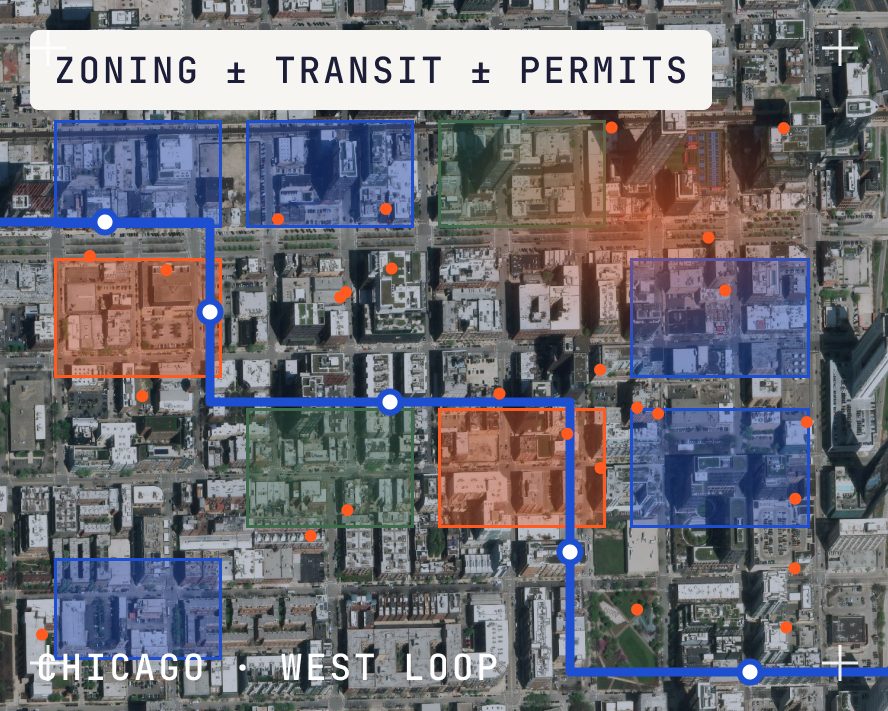 Chicago West Loop with zoning, transit and permit data layers