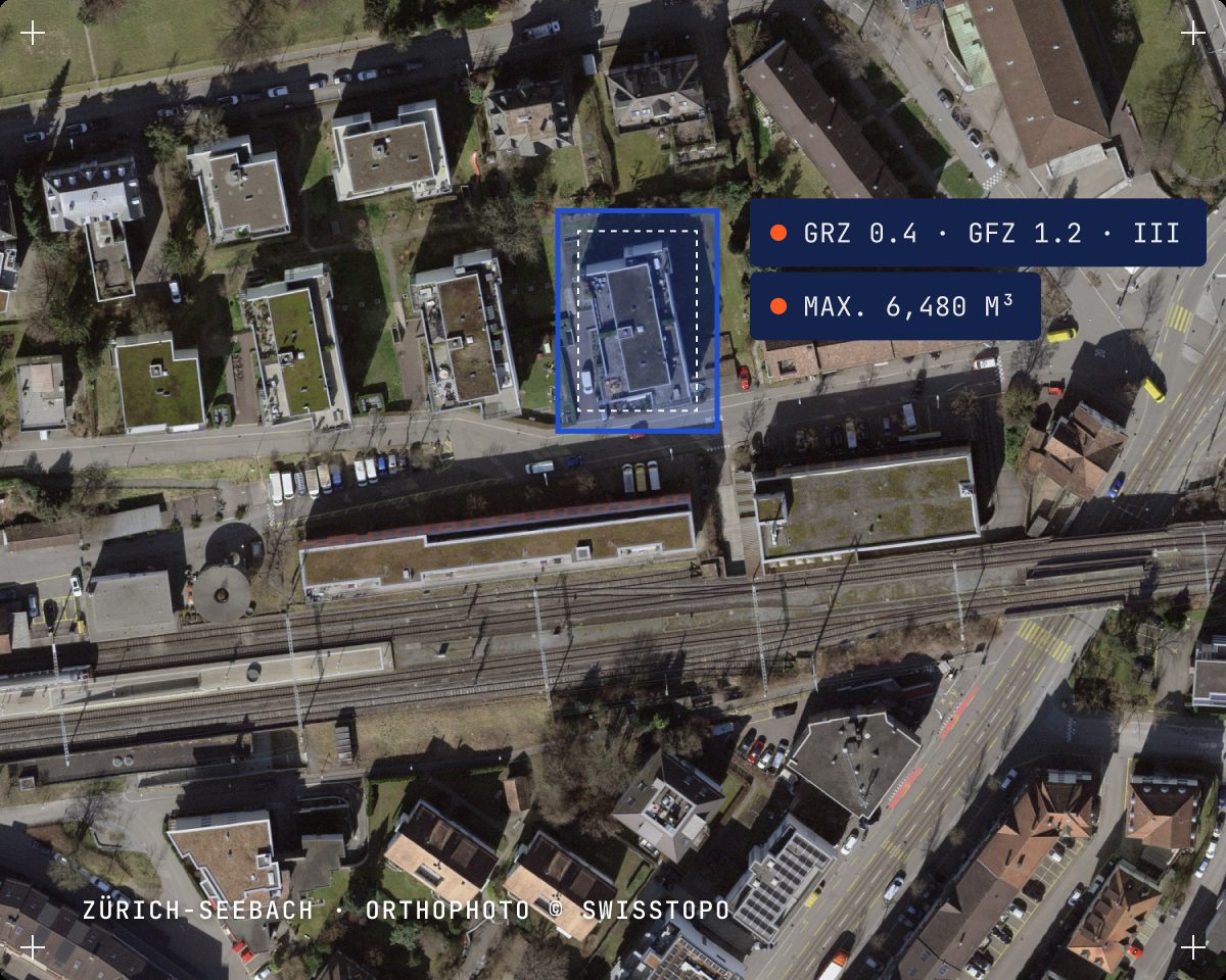 Orthophoto of Zürich-Seebach with a parcel, its building line and plan values