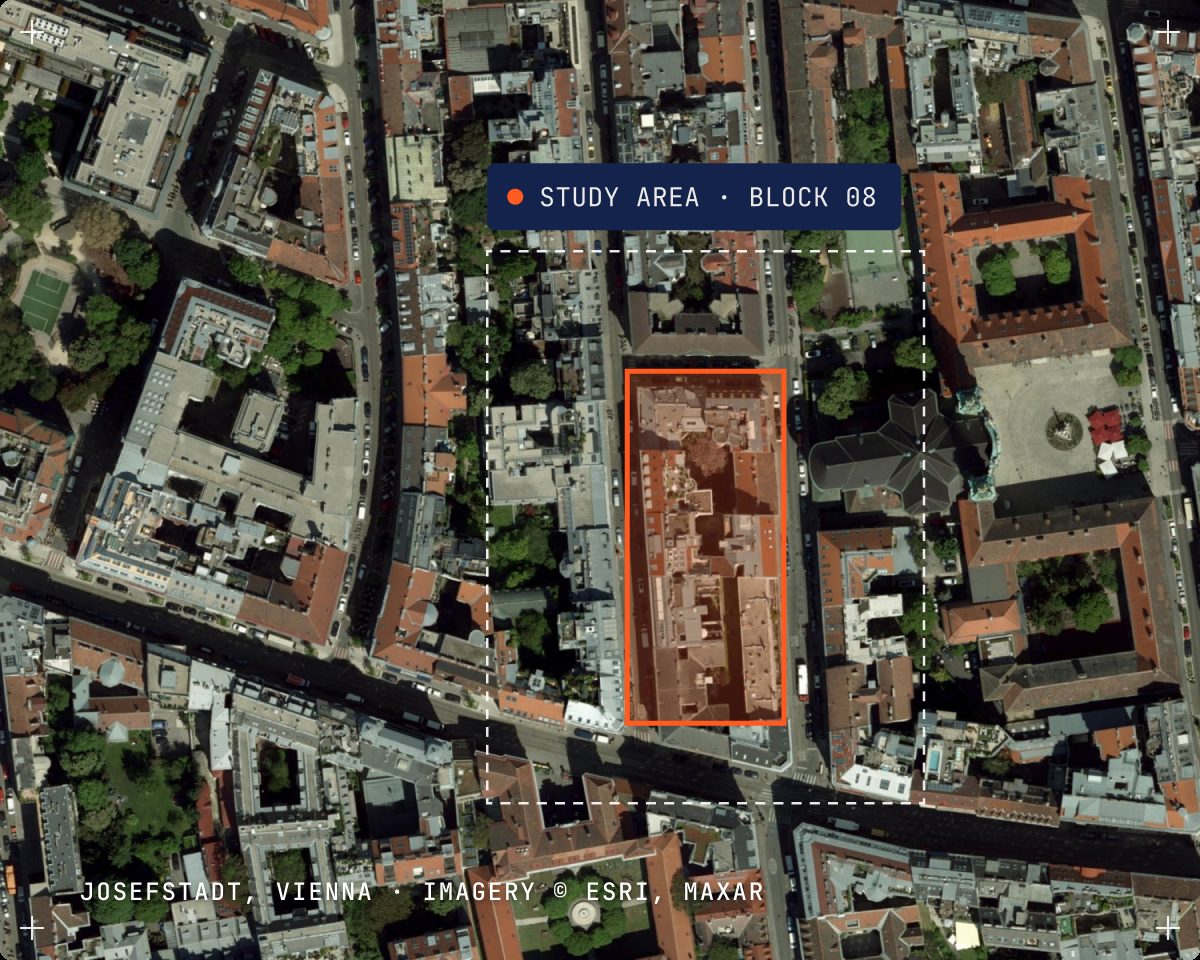 Aerial view of Josefstadt, Vienna with a study area and one block outlined