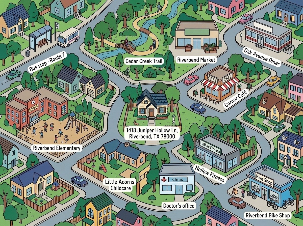 AI illustration of the invented neighborhood around the fictional 1418 Juniper Hollow Ln: the house in the middle, with a school, a trail, a market, a diner, a café, a clinic, a gym, a childcare center, a bike shop and a bus stop, each lettered by name or kind