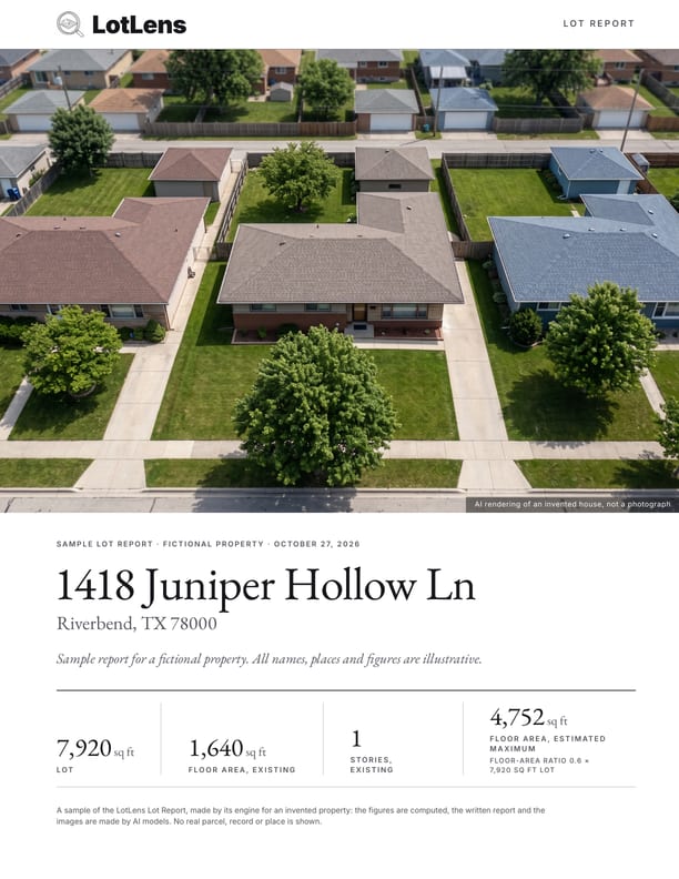 Report cover: 1418 Juniper Hollow Ln, Riverbend, TX, a fictional property, with an AI bird's-eye rendering of the house and the key numbers