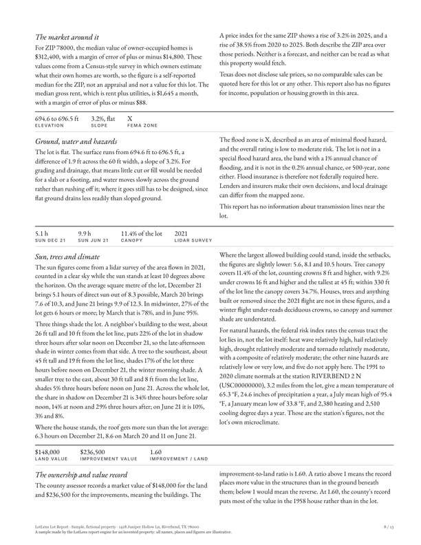 Report page: the written report in two columns, on the market, the ground and hazards, sun, trees and climate, and the record